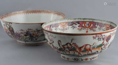 Lot of two porcelain bowls. Chinese Export ware. Circa 1800. One decorated with mandarins, the other horses. Each about 10
