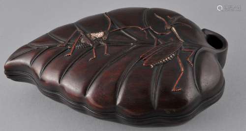 Carved Rosewood box. China. 19th century. Leaf shaped with insects with mother of pearl inlay. 8