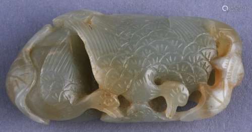Jade pendant. China. 19th century. Celadon coloured stone. Carved as pair of mandarin ducks. 2-1/2