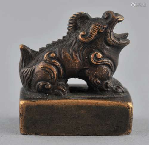 Bronze seal. China. 19th century or earlier. Mythical animal finial. Seal intact.  1-1/4