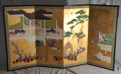 Four panel screen. Japan. 19th  century. Ink and colours on gold paper. Scene of a Gakagu dance performance in a palace. 41