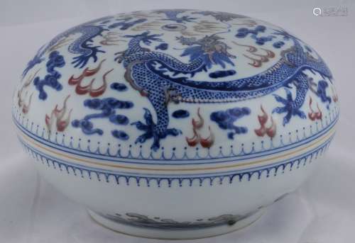Porcelain box. China. 20th century. Round form. Underglaze blue and red decoration of dragons, a pearl and cloud. 9