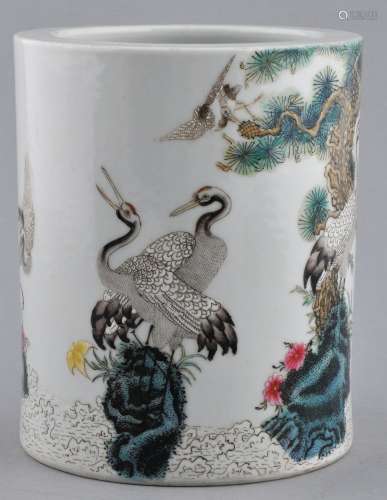 Porcelain brush pot. China. Early 20th century. Cylindrical form. Enameled decoration of cranes. Ch'ien Lung mark. 4-3/4