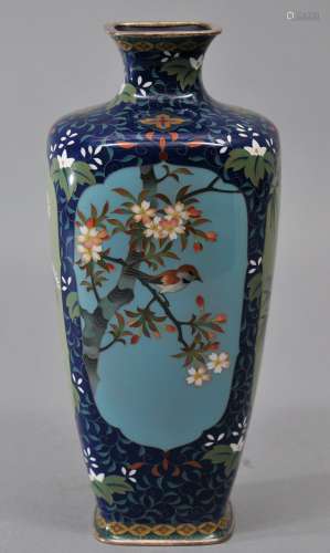 Cloisonné vase. Japan. Early 20th century. Rounded corner square form. Silver wire standard Cloisonné of birds and flowers with stylized floral borders. Silver mounts. Signed in Ando Jubei.  7