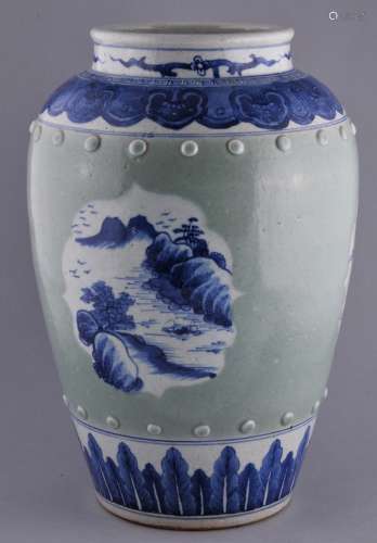 Porcelain vase. China. 19th century. Underglaze blue decoration of landscape reserves on a celadon ground with bosses. Borders of ju-i and acanthus leaves. 16