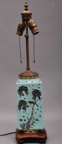 Porcelain vase. China. Early 20th century. Ta Ya Chai ware. Decoration of bird and flowers in grisaille on a pale turquoise ground. Yellow borders with ju-i and flowers. Drilled and mounted as a lamp. 10-3/4
