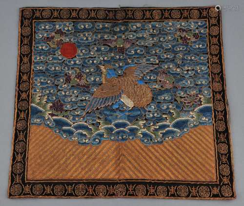 Rank badge. 19th century. Embroidery of a quail on a cloud ground. Shou medallion borders. (Loose threads).