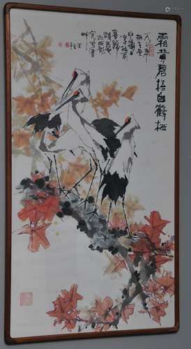 Scroll painting. China. Dated 1984. Ink and colours on paper. Cranes in an autumn tree. Signed Liang Tian Zhu (1916-2011). 39-1/2