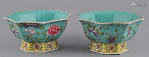 Pair of porcelain footed bowls. China. Early 20th century. Octagonal form with indented sides. Ta Ya Chai ware. Decoration of birds and flowers on a turquoise ground. 5-1/2