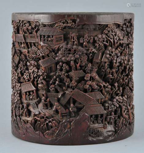 Bamboo brush pot. China. 18th/19th century. Ornately carved with scenes of village life. 5-1/2