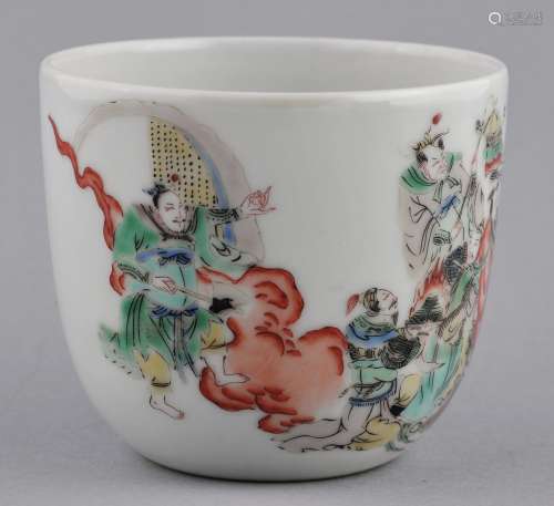 Porcelain cup. China. 18th century. Famille Verte decoration of an historical scene.  3-1/2