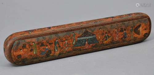 Pen case. Kashmir. Early 20th century. Kalamkar of wood. Surface decorated with people and a pavilion in polychrome. 10