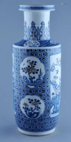 Porcelain vase. China. 19th century. Roleau form. Underglaze blue and red reserves of  birds and flowers. Brocade borders. 18-1/4