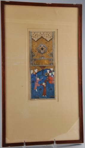 Miniature painting. Persia. Safavid period. Early 17th century. Ink colours and gilt on heavy paper. Scene of dancing dervishes. Framed and glazed. 8-1/2