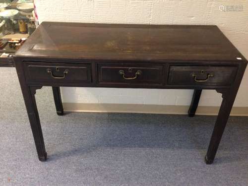 Early 19th C. Chinese 3-drawer rosewood Hong Mu wood desk. Straight legs with Ju I carved feet. Raised paneled sides and back. Imperfections to finish and age cracks. Corner brackets replaced. 49