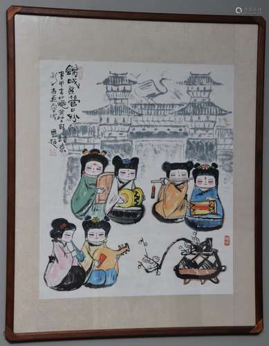 Scroll painting. China. 20th century. Ink and colours on paper. Scene of five children in Han Dynasty costume playing musical instruments. Signed Su Guo Chao. B. 1945. 27