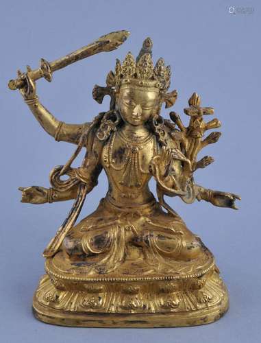 Gilt bronze Buddha. China. 20th  century. Seated figure of Manjushri. 6-1/4