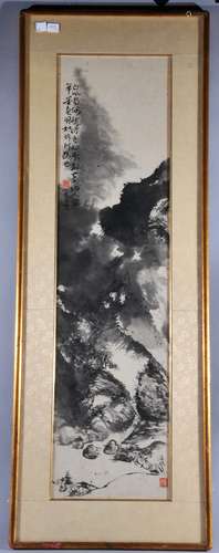 Scroll painting. China. 20th century. Ink on paper. Landscape. Signed Sun Shou Ching and with two seals. 33