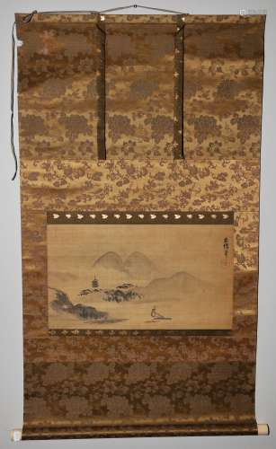 Small painting. Japan. Kano School. 18th century. Ink on silk. Pagoda by a lake side. Brocade mounts. 11-1/2