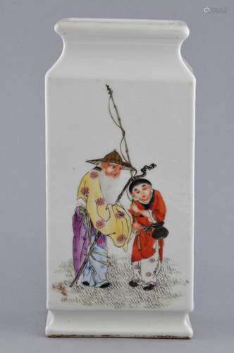 Porcelain vase. China. Dated 1923. Rectangular form. Famille rose decoration of people, sides with calligraphy. Signed. 9