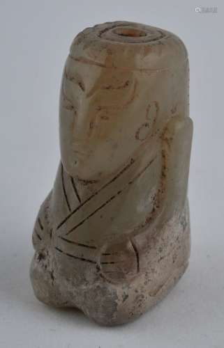 Jade bead. China. Han style. Grey stone with areas of calcification. Seated human figure. 1-1/2