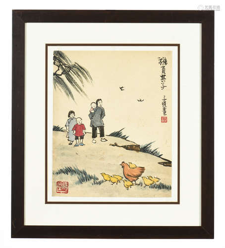 FENG ZIKAI: FRAMED INK AND COLOR ON PAPER PAINTING 'FAMILY'