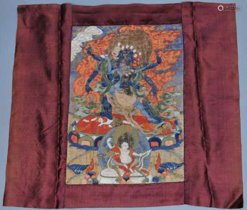 Buddhist Icon Thangka. Tibet. 18th/19th century. Colours on heavy cloth. Thangkha of Makala. 15-3/4