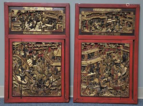 Pair of Architectural panels. China. 19th century. Finely carved in high relief with figures in palace interior. Surfaces lacquered and gilded. 33-1/2