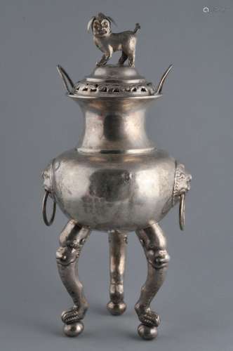 Silver incense burner. China. Early 20th century. Foo Dog finial, jump rings and feet. Presentation inscription on one side. 14-1/4