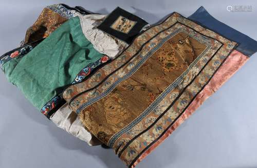 Lot of three Textiles. China. 19th century. A skirt, table runner with chain stitch animals and a small embroidered square.