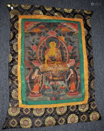 Buddhist Icon Thangka. Tibet. 20th century. Distemper on cloth. Image of Shakyamuni Buddha with two attendants. 25-1/2