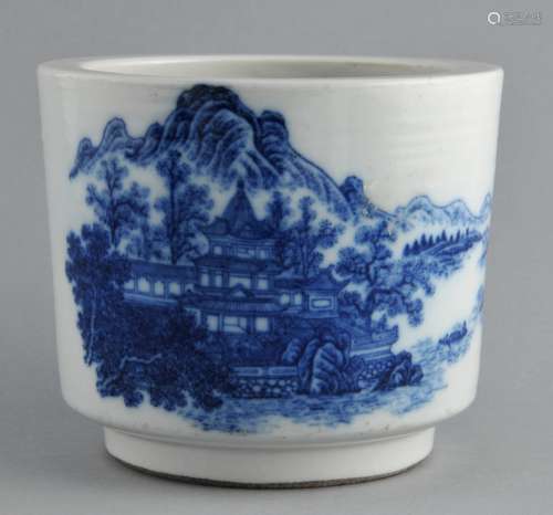 Porcelain censer. China. 19th century. Cylindrical form. Underglaze blue decoration of pavilions in a landscape. 5