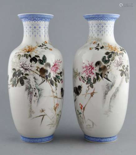 Pair of eggshell vases. China. Dated 1959. Famille Rose decoration of birds and flowers and with calligraphy. Signed on the base. 11