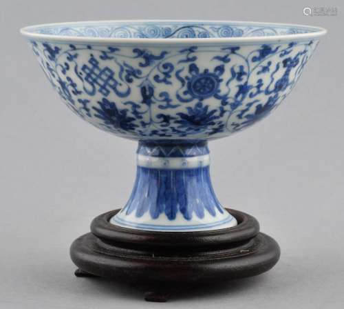 Porcelain stem cup. China. 20th century. Underglaze blue decoration of 