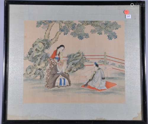 Painting. China. 19th century. Ink and colours on silk. Scene of three figures in a garden. 17-1/2