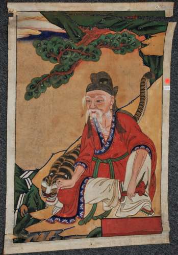 Scroll painting. Korea. 18th century. Ink and colours on heavy cloth. Scene of a mountain spirit with a tiger. 31-1/2