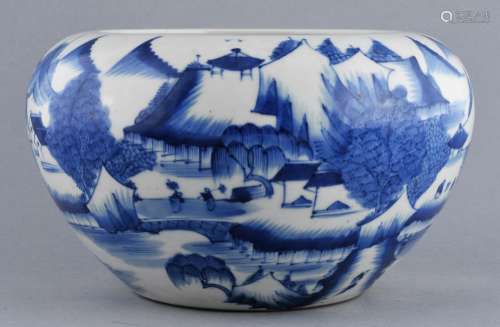 Porcelain bowl. China. 19th century. Underglaze blue decoration of a landscape. Begging bowl form. 18-1/2