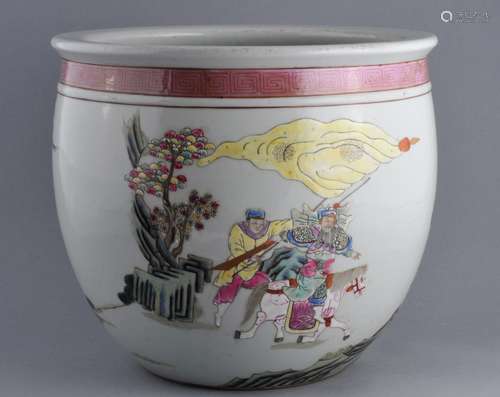 Porcelain planter. China. Early 20th century. Famille Rose decoration of an historical scene. 10-1/4