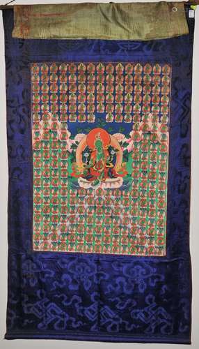 Buddhist Icon Thangka. Tibet. First half of the 20th century. Distemper on heavy cloth. Image of The Green Tara with her various manifestations. 24