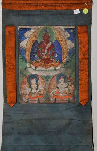 Buddhist Icon Thangka. Tibet. 19th century. Distemper on heavy cloth. Triad of Amytaus, Shadakhsharilokeshvara and the White Tara. 12