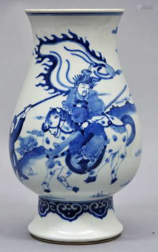Porcelain vase. China. Transitional style but 20th century. Underglaze blue decoration of an historical scene. 9