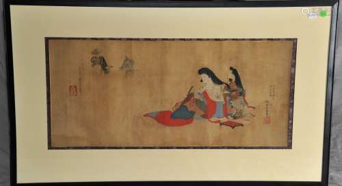 Handscroll. Japan. Dated to the Meiji period (1868-1912). Ink and colours on silk. Scene of a woman with an attendant and two men. 28