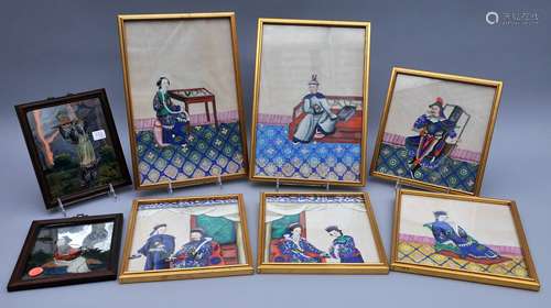 Lot of eight framed works. China. Early 20th century. To include two reverse glass paintings of the Immortals in Rosewood frames. Together with six Pith paintings in gilt frames.