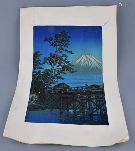 Kawase Hasui print. Mt. Fuji and Kawai Bridge. First edition printing. Unframed. 15-1/4