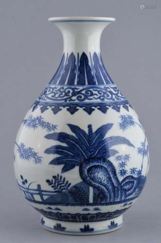 Porcelain vase. China. 20th century. Yu Hu Chun type. Underglaze blue decoration of bamboo and banana plants. Tung Chih mark. 11