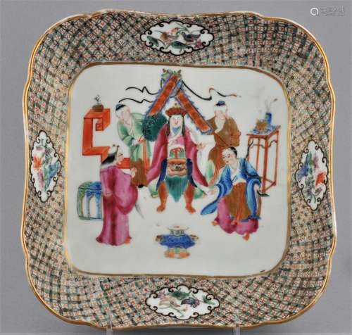 Porcelain dish. China. Mid 19th century. Export ware. Square foliated form. Famille Rose decoration of a Buddhist ceremony. Brocade borders with reserves of birds and flowers. 9