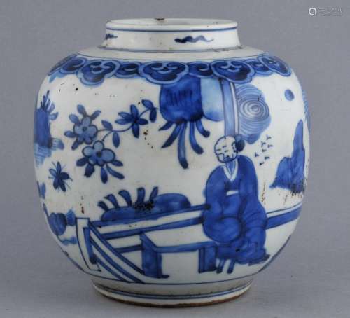 Porcelain jar. China. 18th century. Globular form. Underglaze blue decoration of a scholar on a veranda in a garden. 5-1/2