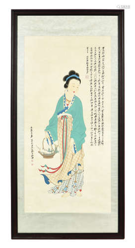 ZHANG DAQIAN: FRAMED INK AND COLOR ON PAPER PAINTING 'GUANYIN'