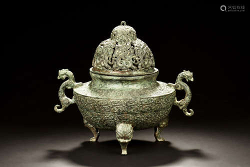 ARCHAIC BRONZE CAST TRIPOD 'CHILONG' CENSER