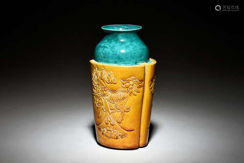 TEAL AND ORANGE GLAZED 'QILIN' VASE